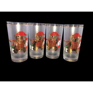 Set Of 4 Culver Gold Christmas Teddy Bear Frosted Glasses Holiday Design 6" X 2.